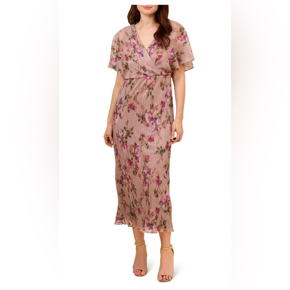 Adrianna Papell Floral Metallic Crinkle Midi Dress